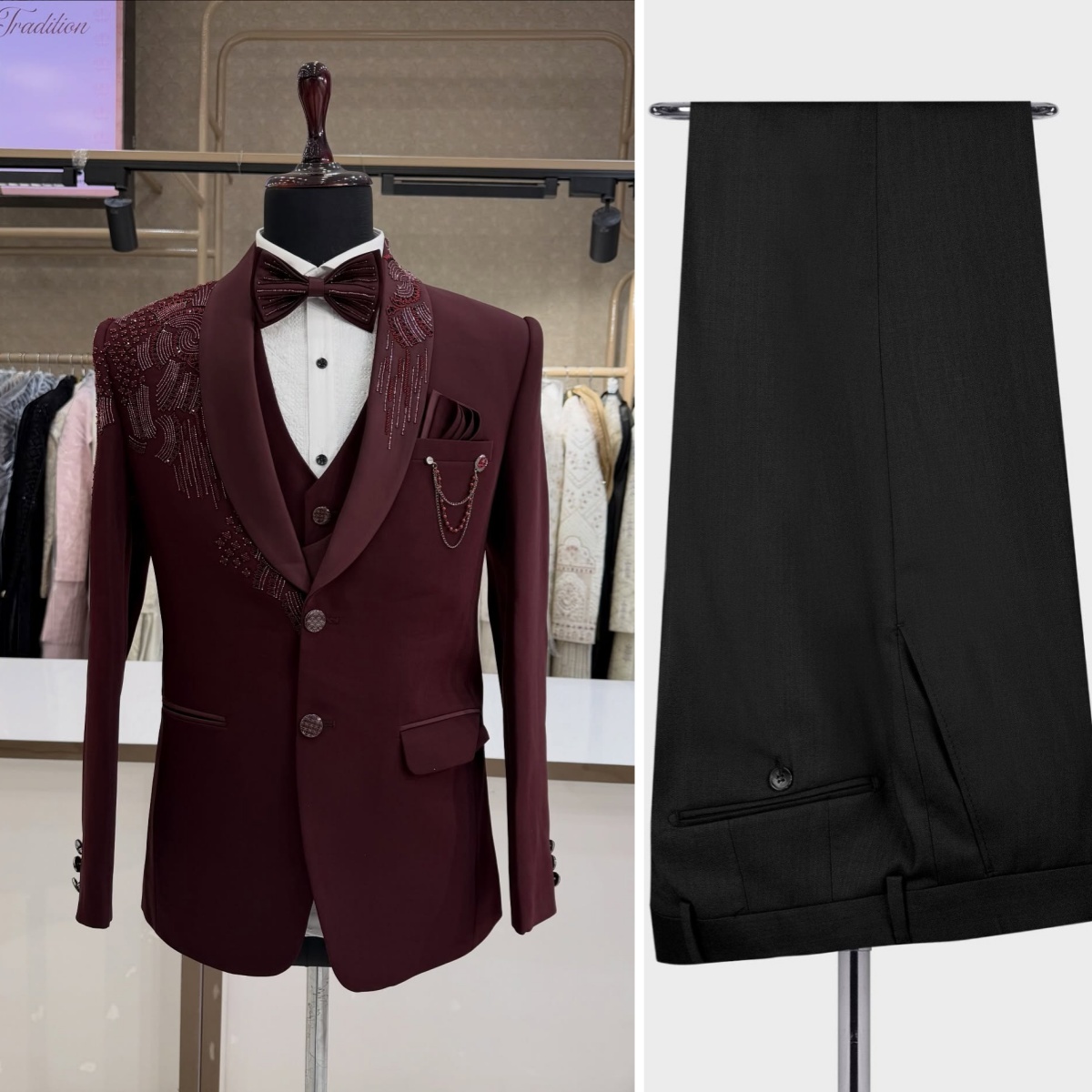 Men Formal Wear Red - بدلة زفاف للعريس مكونة من 3