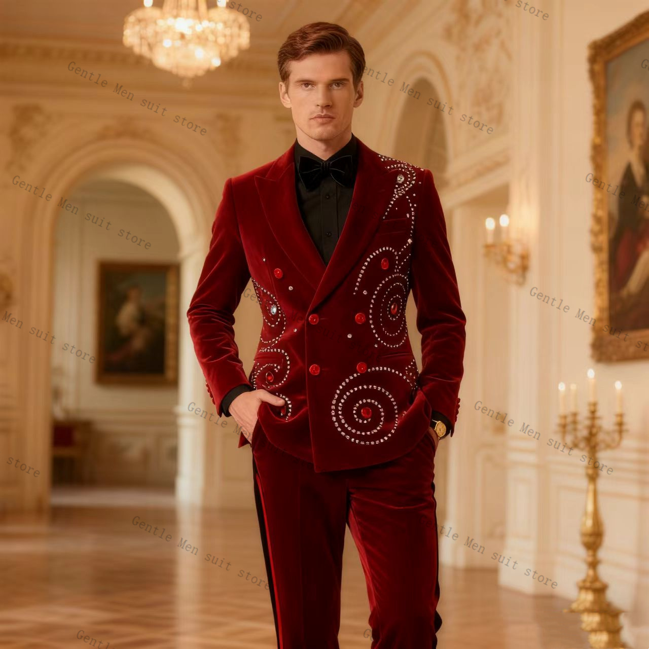 بدلة رجالية حمراء مخملية كريست - مراجعة Men Formal Wear Red وسعره