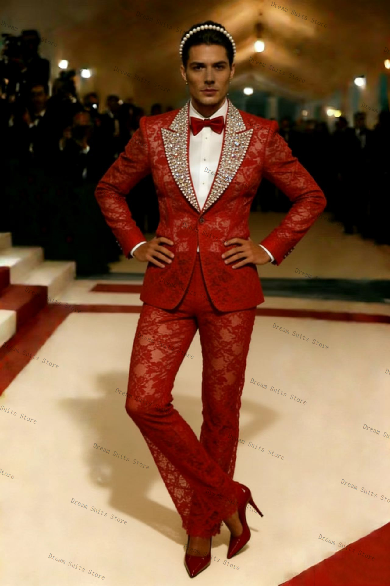 طقم بدلة رجالي كريستالات ذهبية - مراجعة Men Formal Wear Red وسعره
