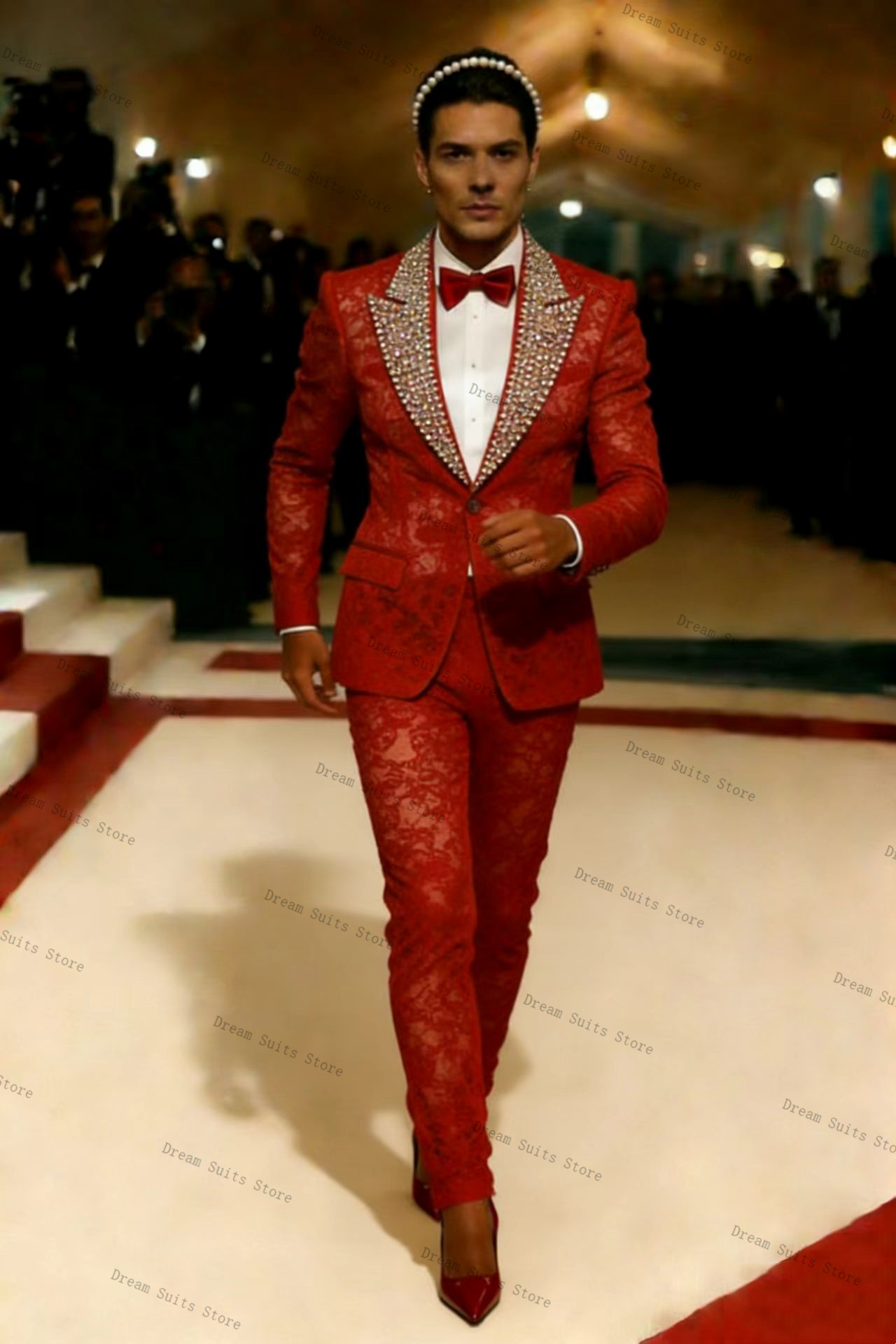 طقم بدلة رجالي كريستالات ذهبية - مراجعة Men Formal Wear Red وسعره