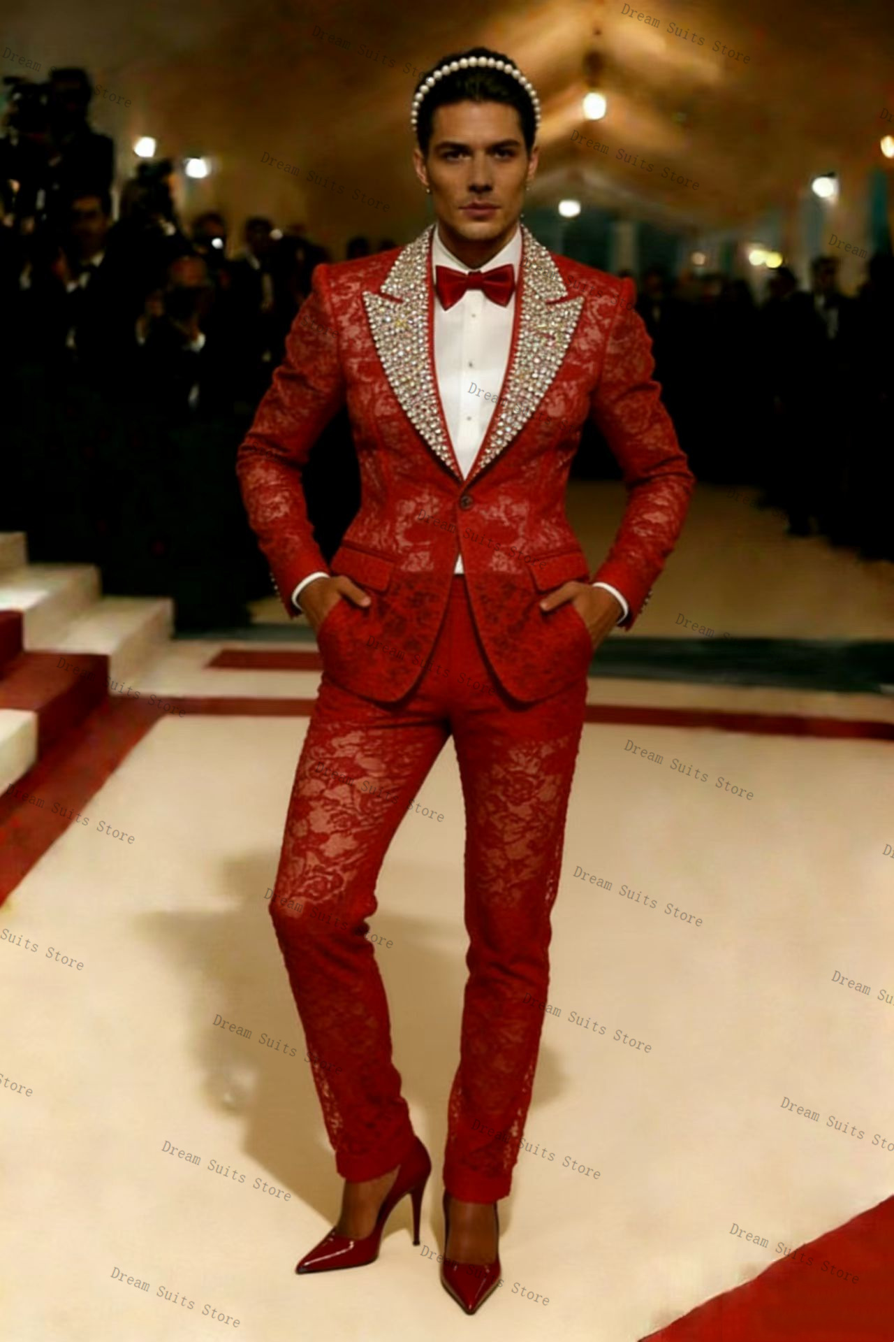 طقم بدلة رجالي كريستالات ذهبية - مراجعة Men Formal Wear Red وسعره